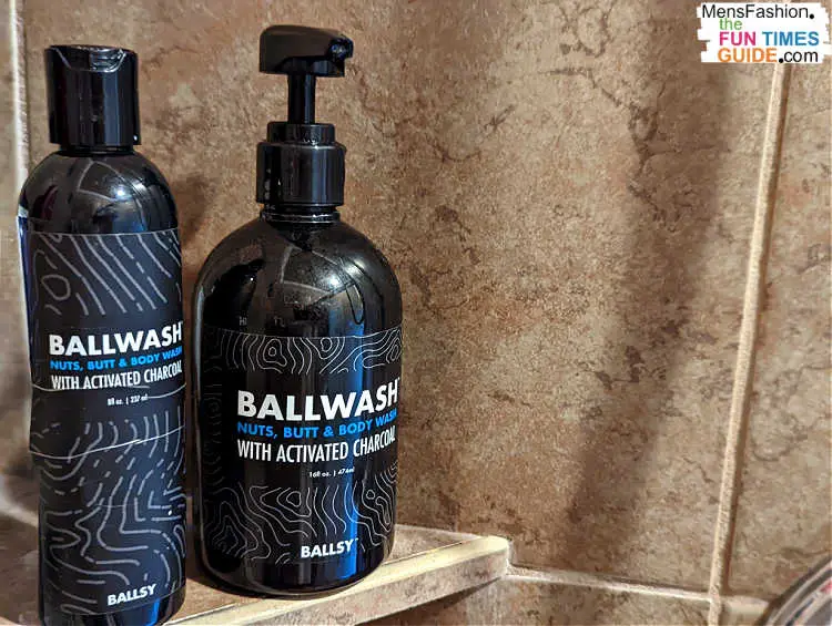 On the left is the original 8oz. bottle of Ball Wash (that I take with me when I travel). On the right is the XL 16oz. bottle with pump (that I use daily in the shower).