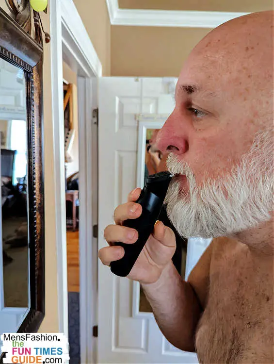 Using the Ballsy trimmer to trim the edge of my beard and mustache.