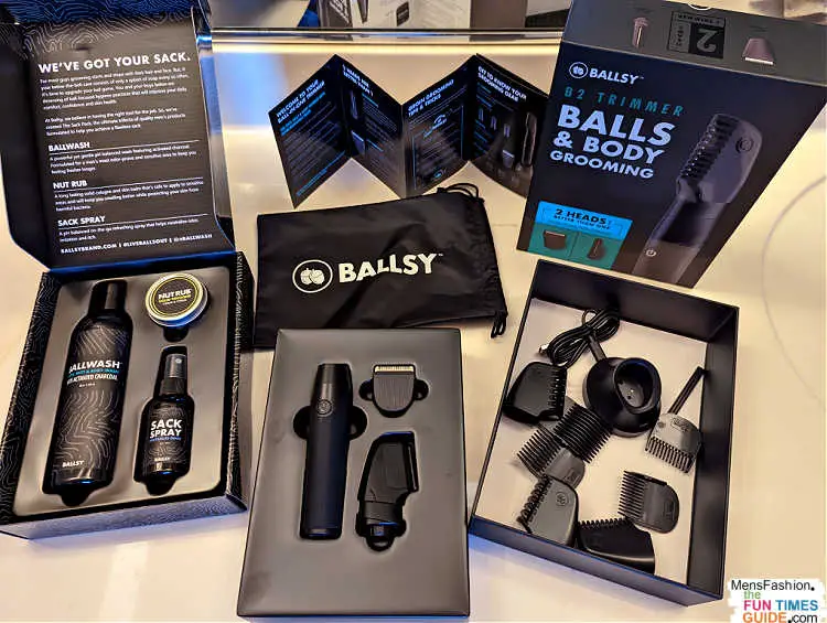 Seen here is the Ballsy B2 balls and body trimmer that I use -- with 2 quick change heads. The trimmer's charging dock, quick change heads, and length guards are in the box on the right. And the 3 Ballsy men's grooming products that I use daily are in the box on the right. 