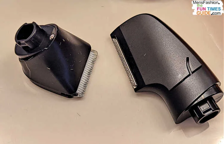 These are the 2 quick-change heads that come with the Ballsy B2 trimmer. These trimmer heads tackle all of the hairy places on my body with ease: from eyebrows to ears... and balls to beards. 