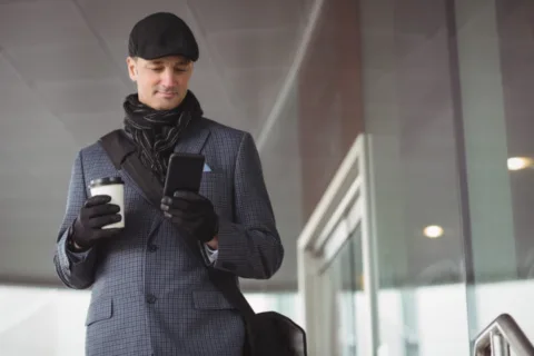 The classic winter business attire - mens scarf, coat, hat, and gloves.